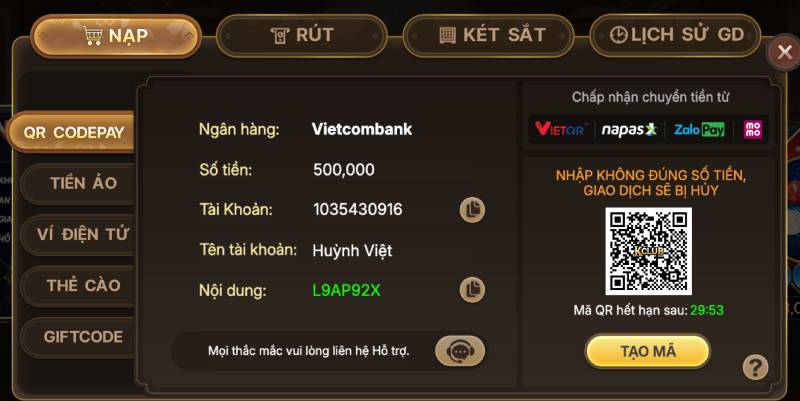 Nạp tiền qua ngân hàng