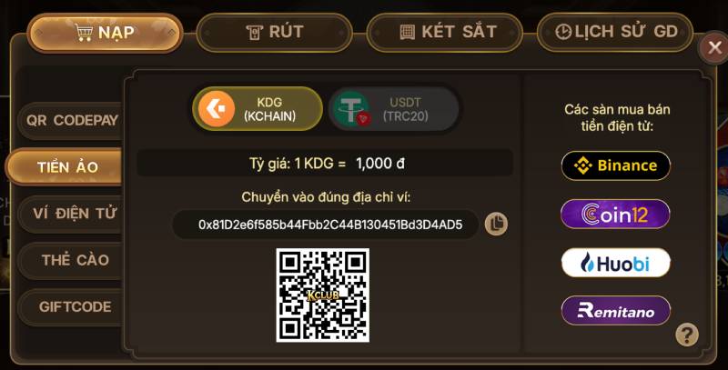 Nạp tiền qua tiền ảo (KDG, USDT)
